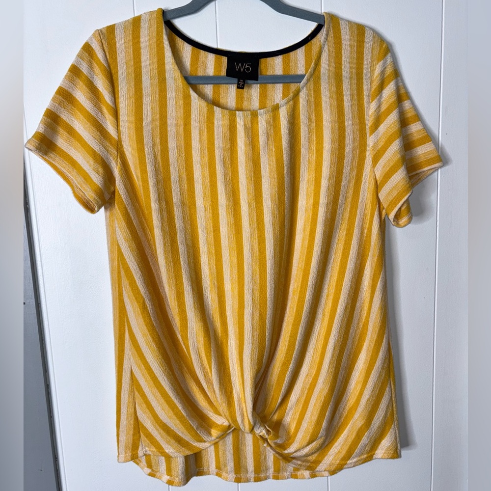 W5 Yellow & White Striped Knot Front  Knot Tee Medium